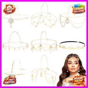 8 Piece Gold Head Chain Set Rhinestone Pearl Leaf Coin Festival Wedding